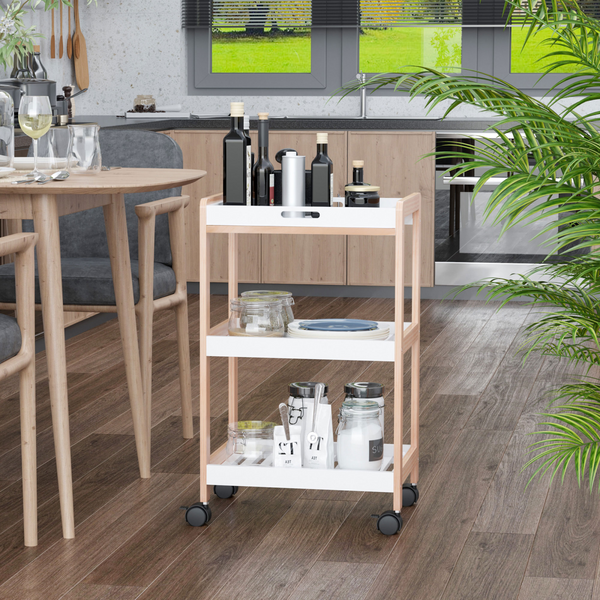 Bamboo Kitchen Trolley Cart on Wheels - 3-Tier Serving Cart with Lockable Wheels & Removable Tray