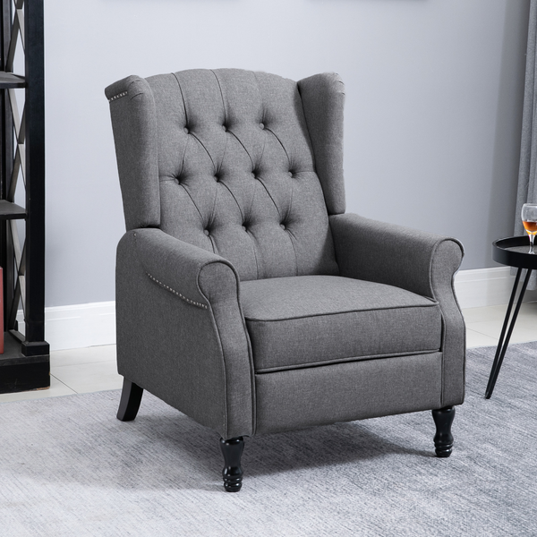 Fabric Recliner Armchair with Footrest — Button-Tufted Back, 150° Recline, Thick Padding, Linen-Look Upholstery, Living Room Chair, Light Grey