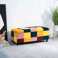Velvet Storage Ottoman 114cm— Button-Tufted Footstool Box, Colour Block Design, Wooden Legs, Padded Seat, Multicolour