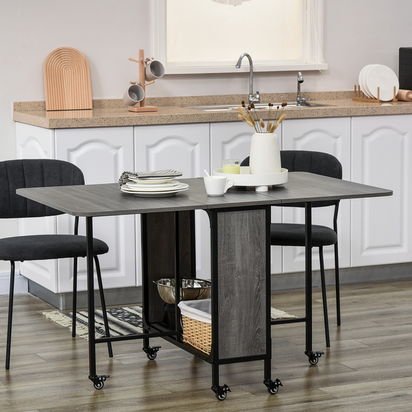 HOMCOM Drop-Leaf Dining Table - Seats 6, 2 Shelves, Wheels with Brakes (Natural Wood)