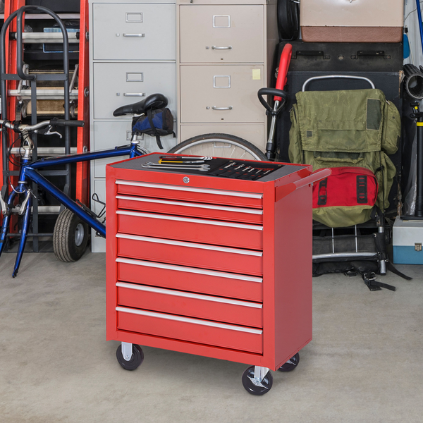 Durhand 7-Drawer Rolling Tool Cabinet, Red Steel Storage Chest