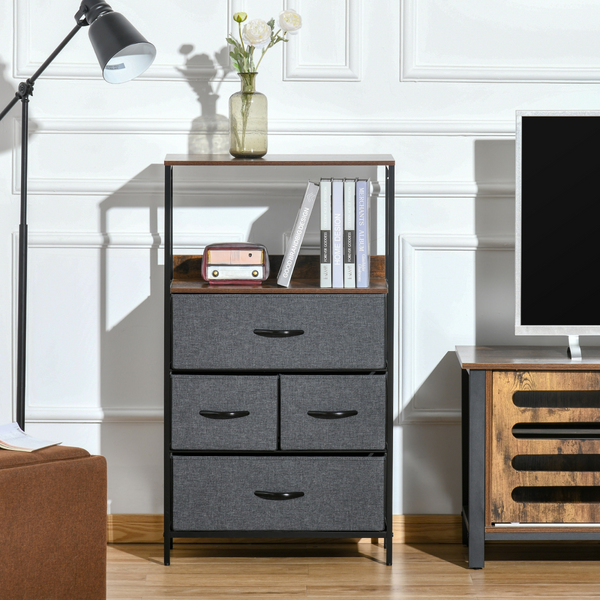 HOMCOM 4-Drawer Fabric Storage Chest Unit with Shelves — Metal Frame, Black