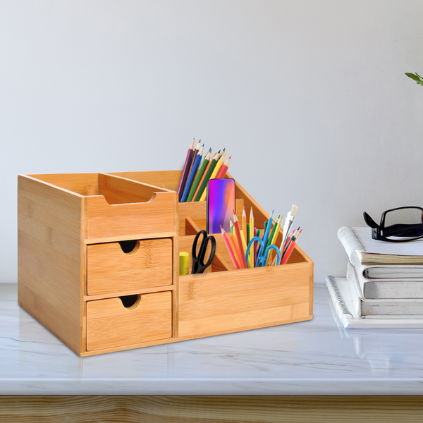 Eco Bamboo Desk Organizer: 2 Drawers, 7 Compartments