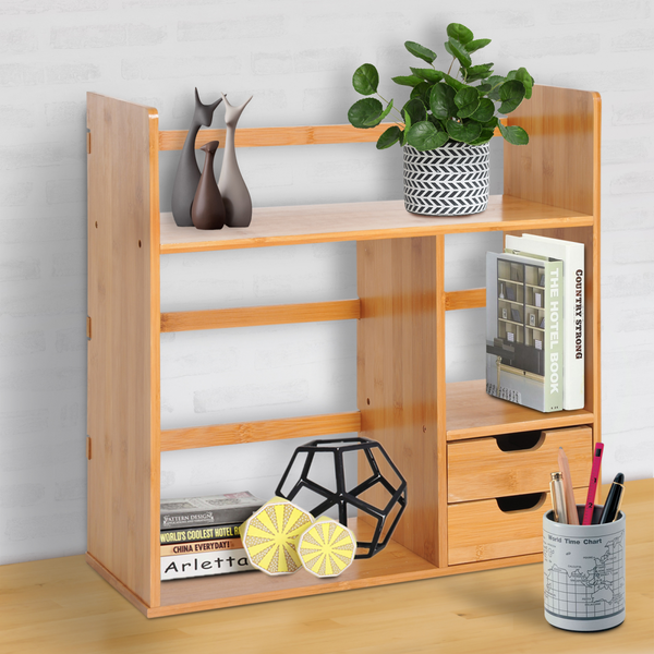 HOMCOM Bamboo Desk Organiser Desktop Bookshelf with 180° Rotation, 2 Drawers & 2-Tier Storage — Natural Wood