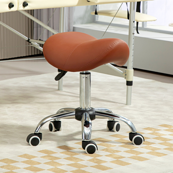 PU Leather Saddle Stool - Adjustable Height, 5-Wheel Base, Brown