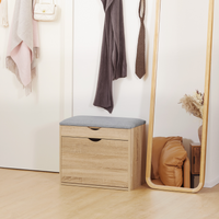 Entryway Shoe Bench with Cushion Seat & Storage Cabinet — Natural Wood Finish