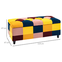 Velvet Storage Ottoman 114cm— Button-Tufted Footstool Box, Colour Block Design, Wooden Legs, Padded Seat, Multicolour