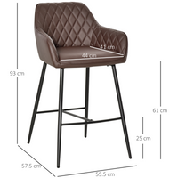 Set of 2 Retro Bar Chairs — PU Leather, Quilted Back, Metal Frame, Footrest, Brown