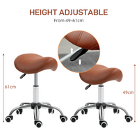 PU Leather Saddle Stool - Adjustable Height, 5-Wheel Base, Brown