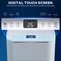 Air purifier with digital touch screen interface on a blue background