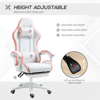 Vinsetto Gaming Chair Pink - 135° Recline, Footrest, Lumbar Support, Faux Leather (Pink/White)