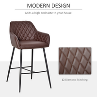 Set of 2 Retro Bar Chairs — PU Leather, Quilted Back, Metal Frame, Footrest, Brown