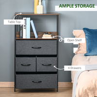 HOMCOM 4-Drawer Fabric Storage Chest Unit with Shelves — Metal Frame, Black