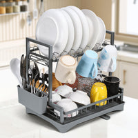 2-Tier Dish Drainer — Space-Saving Rack with Removable Drip Tray, Cutlery Holder & Cup Rack, Grey