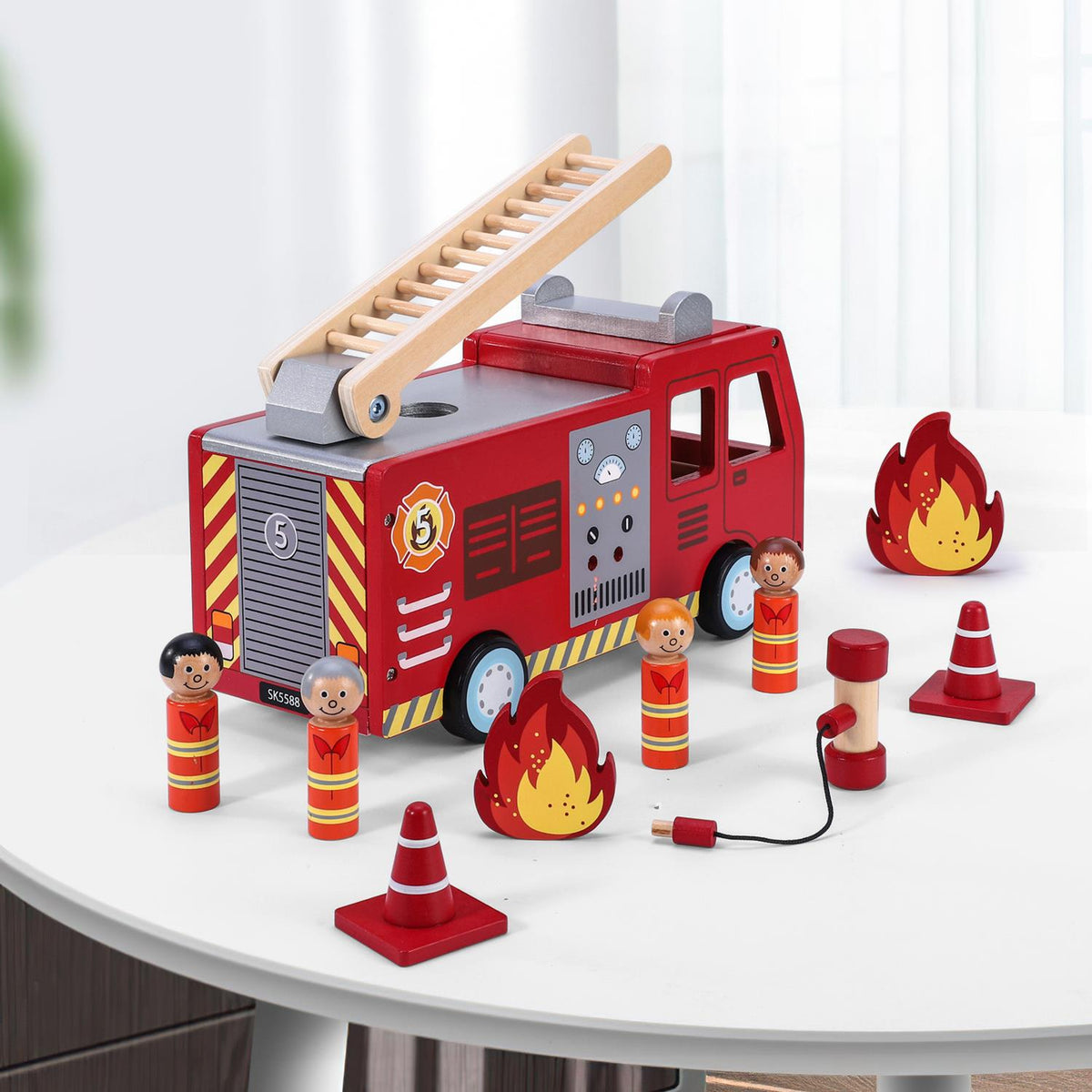 Wooden Fire Truck Toy for Kids - Firefighter Playset with 4 Figures, Ladder & Accessories - Educational Toddler Toys for Boys & Girls Ages 3+