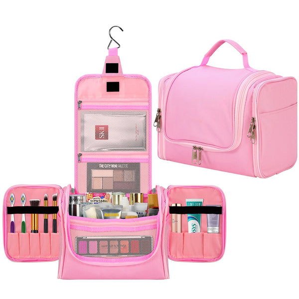 Hanging Toiletry Bag Travel Wash Bag with Multiple Compartments & Hook — Pink