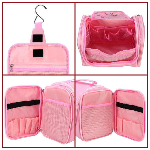 Hanging Toiletry Bag Travel Wash Bag with Multiple Compartments & Hook — Pink