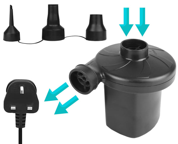 240V Electric Air Pump — Inflate & Deflate, 3 Nozzle Sizes, UK Plug, Portable Pump for Air Beds, Paddling Pools & Inflatables