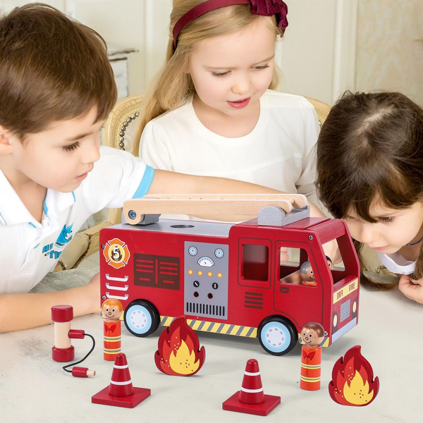 Wooden Fire Truck Toy for Kids - Firefighter Playset with 4 Figures, Ladder & Accessories - Educational Toddler Toys for Boys & Girls Ages 3+