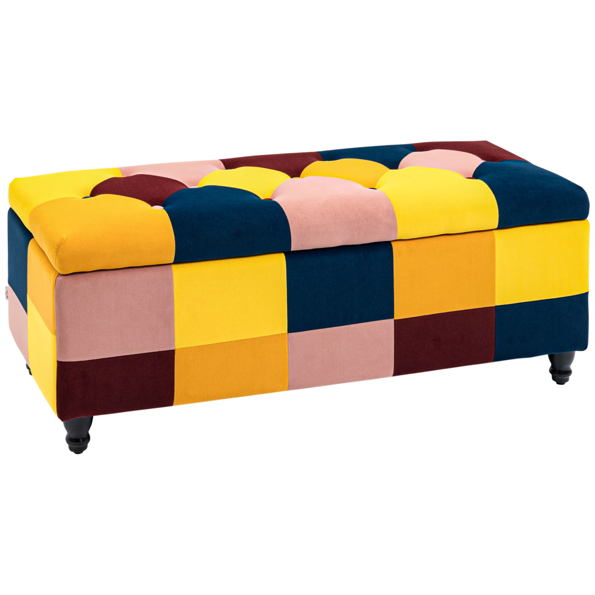Velvet Storage Ottoman 114cm— Button-Tufted Footstool Box, Colour Block Design, Wooden Legs, Padded Seat, Multicolour