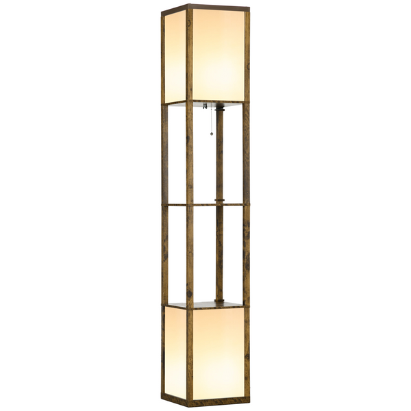 Shelf Floor Lamp with Dual Light — 2 Fabric Lampshades, 2 Display Shelves, Living Room Bedroom Standing Lamp, 156cm, Brown