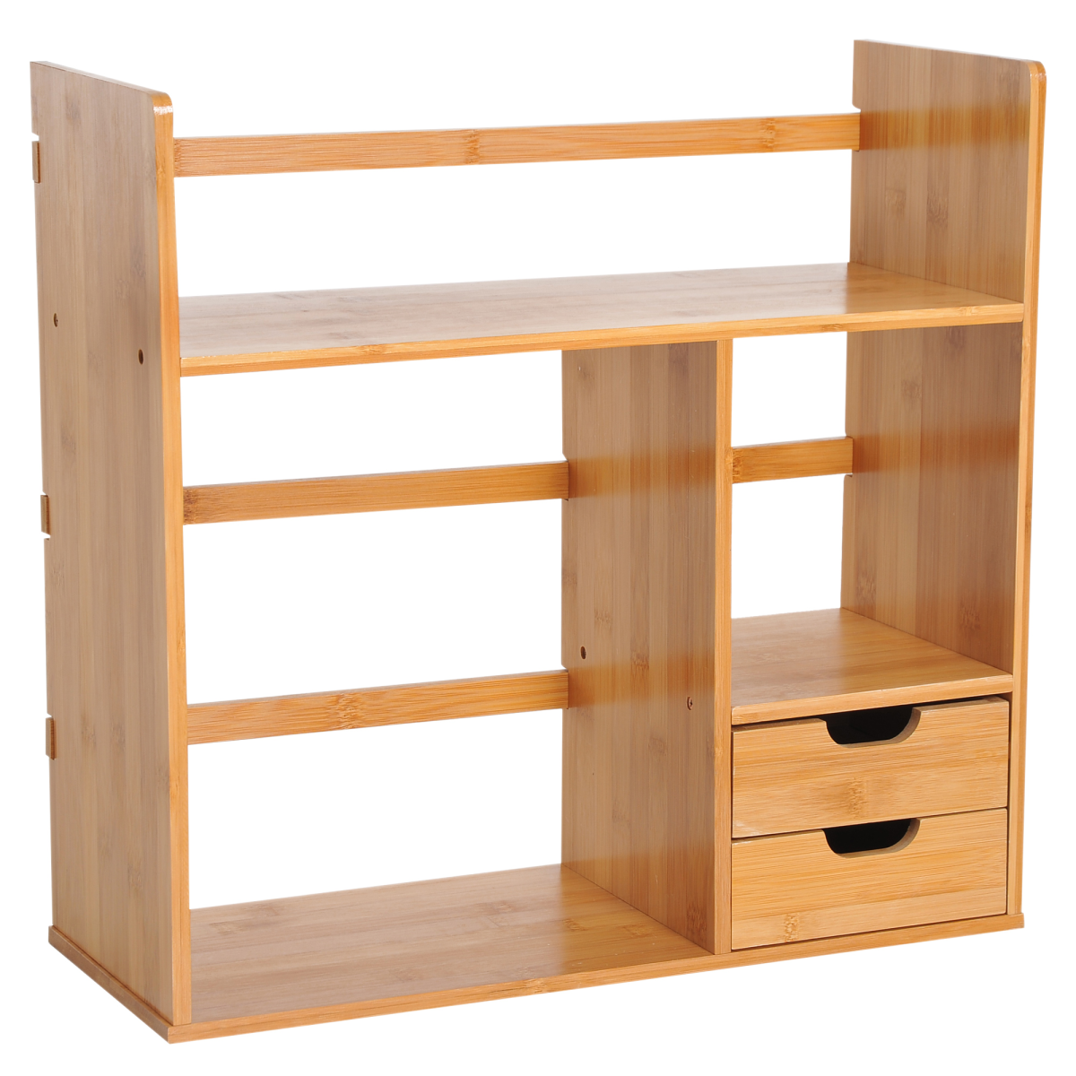 HOMCOM Bamboo Desk Organiser Desktop Bookshelf with 180° Rotation, 2 Drawers & 2-Tier Storage — Natural Wood