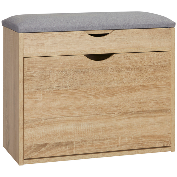 Entryway Shoe Bench with Cushion Seat & Storage Cabinet — Natural Wood Finish