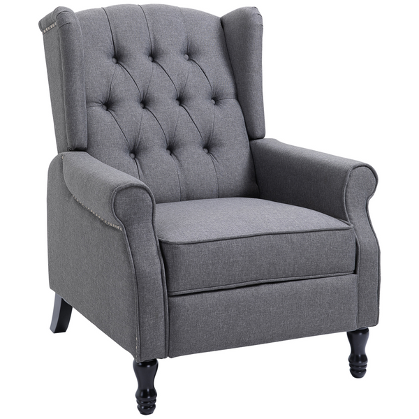 Fabric Recliner Armchair with Footrest — Button-Tufted Back, 150° Recline, Thick Padding, Linen-Look Upholstery, Living Room Chair, Light Grey