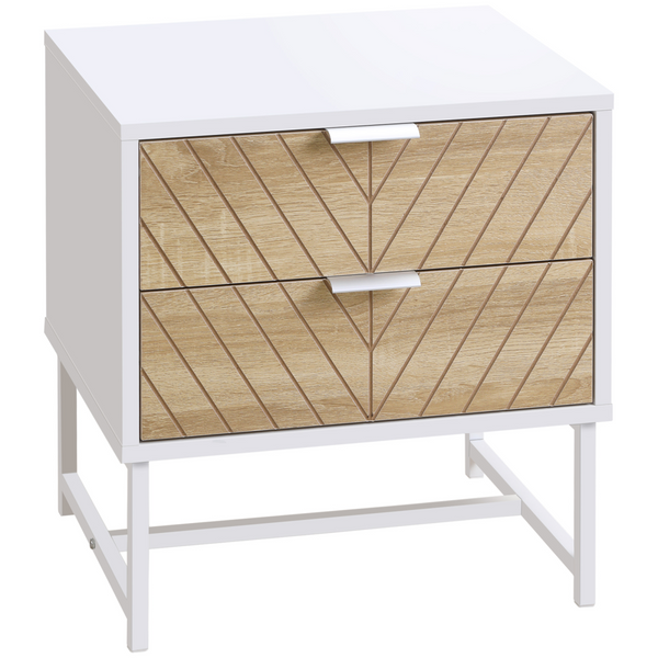 Chevron Accent Bedside Table with 2 Drawers — Chevron Design, White & Oak