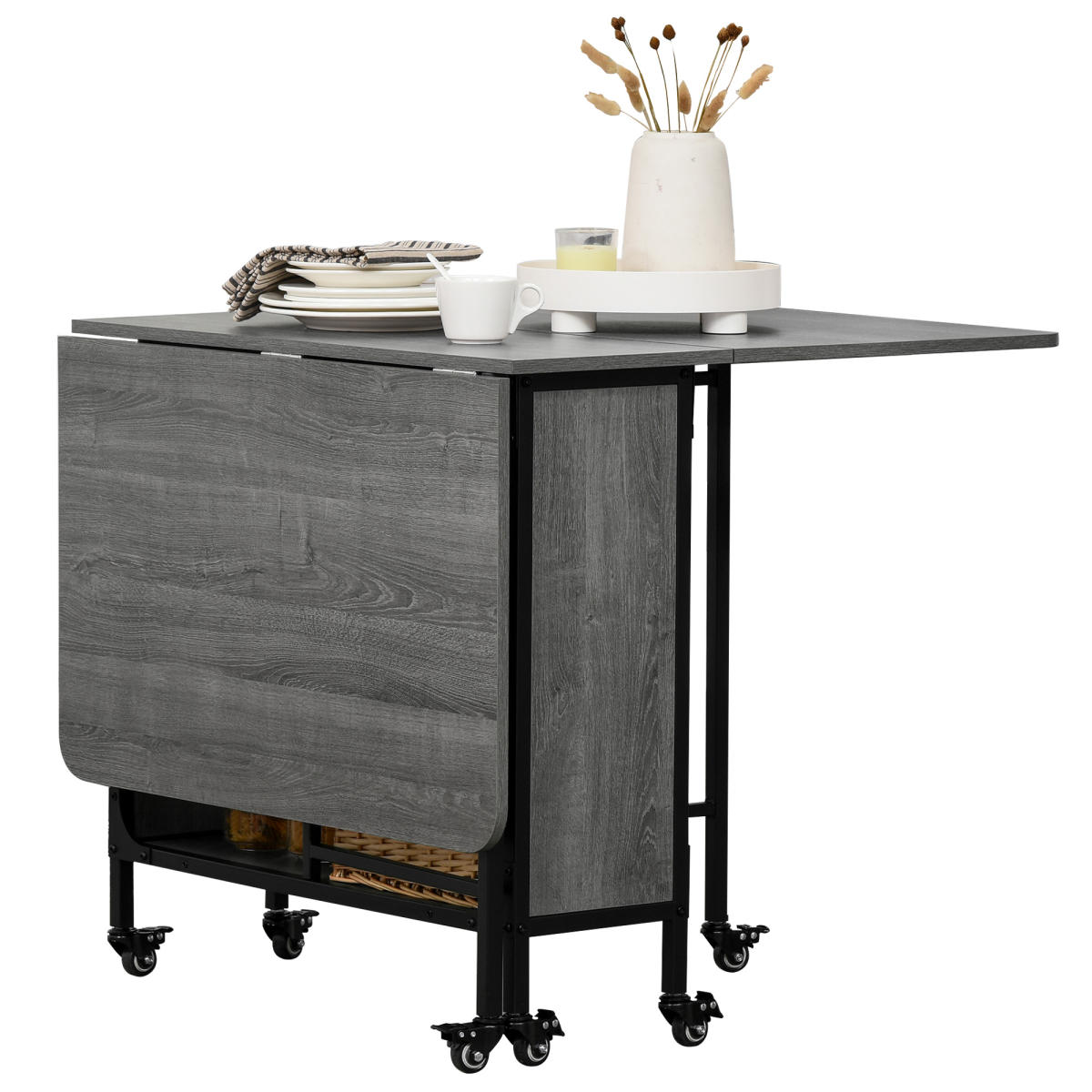 HOMCOM Drop-Leaf Dining Table - Seats 6, 2 Shelves, Wheels with Brakes (Natural Wood)