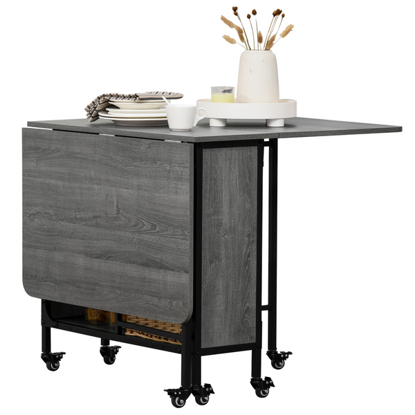 HOMCOM Drop-Leaf Dining Table - Seats 6, 2 Shelves, Wheels with Brakes (Natural Wood)