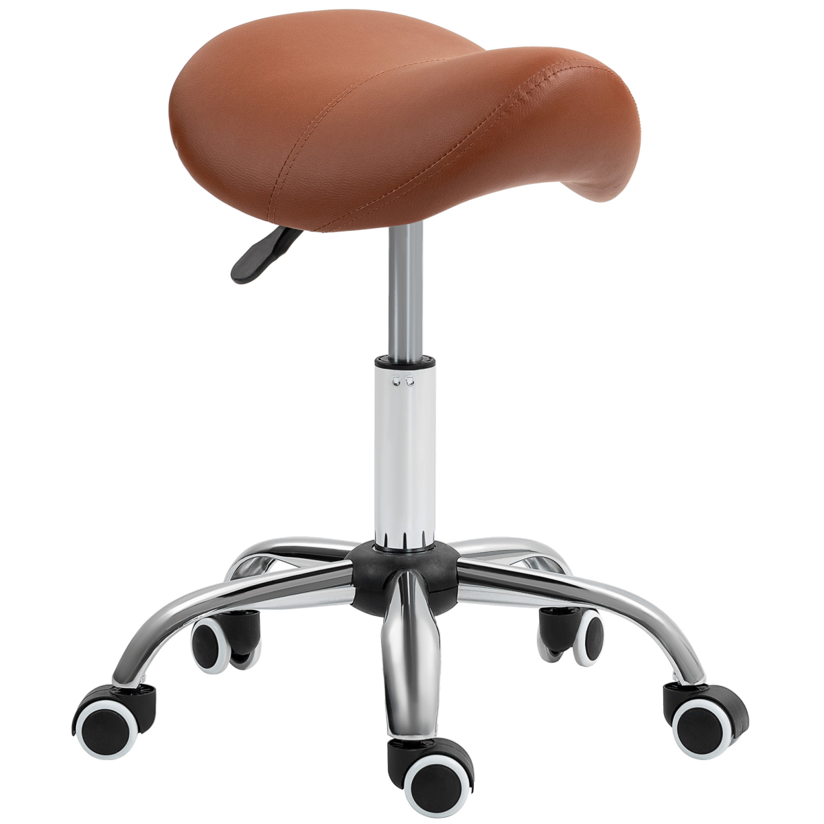 PU Leather Saddle Stool - Adjustable Height, 5-Wheel Base, Brown