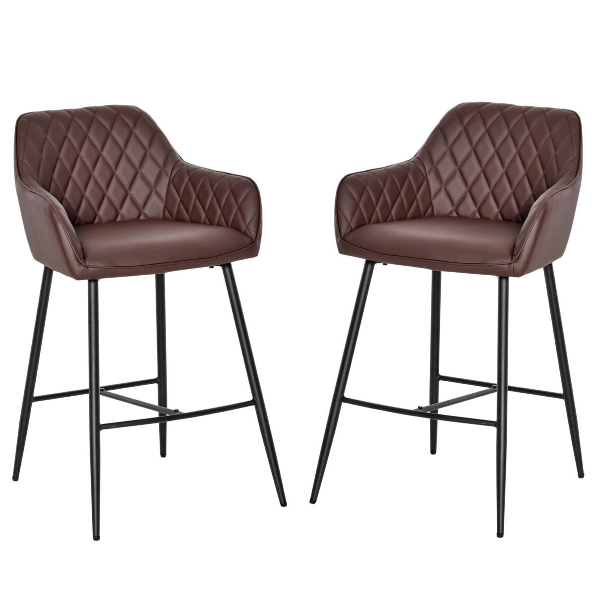 Set of 2 Retro Bar Chairs — PU Leather, Quilted Back, Metal Frame, Footrest, Brown