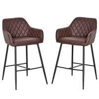Set of 2 Retro Bar Chairs — PU Leather, Quilted Back, Metal Frame, Footrest, Brown