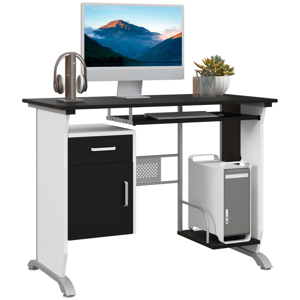 Computer Desk with Sliding Keyboard Tray & Drawers — Black