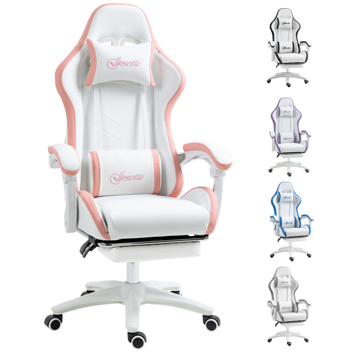 Vinsetto Gaming Chair Pink - 135° Recline, Footrest, Lumbar Support, Faux Leather (Pink/White)