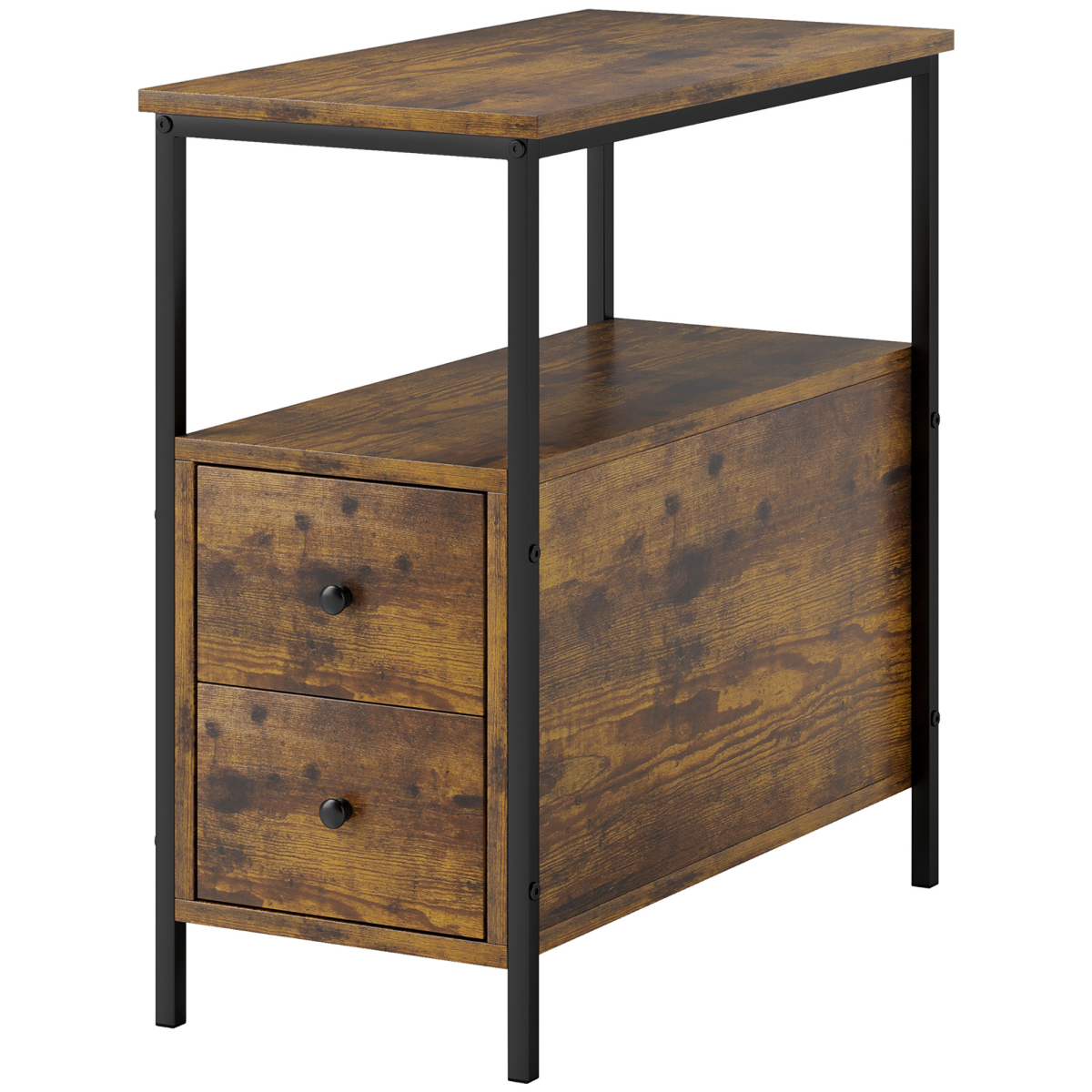 Slim End Table with 2 Drawers & Storage Shelf in Brown - Space-Saving