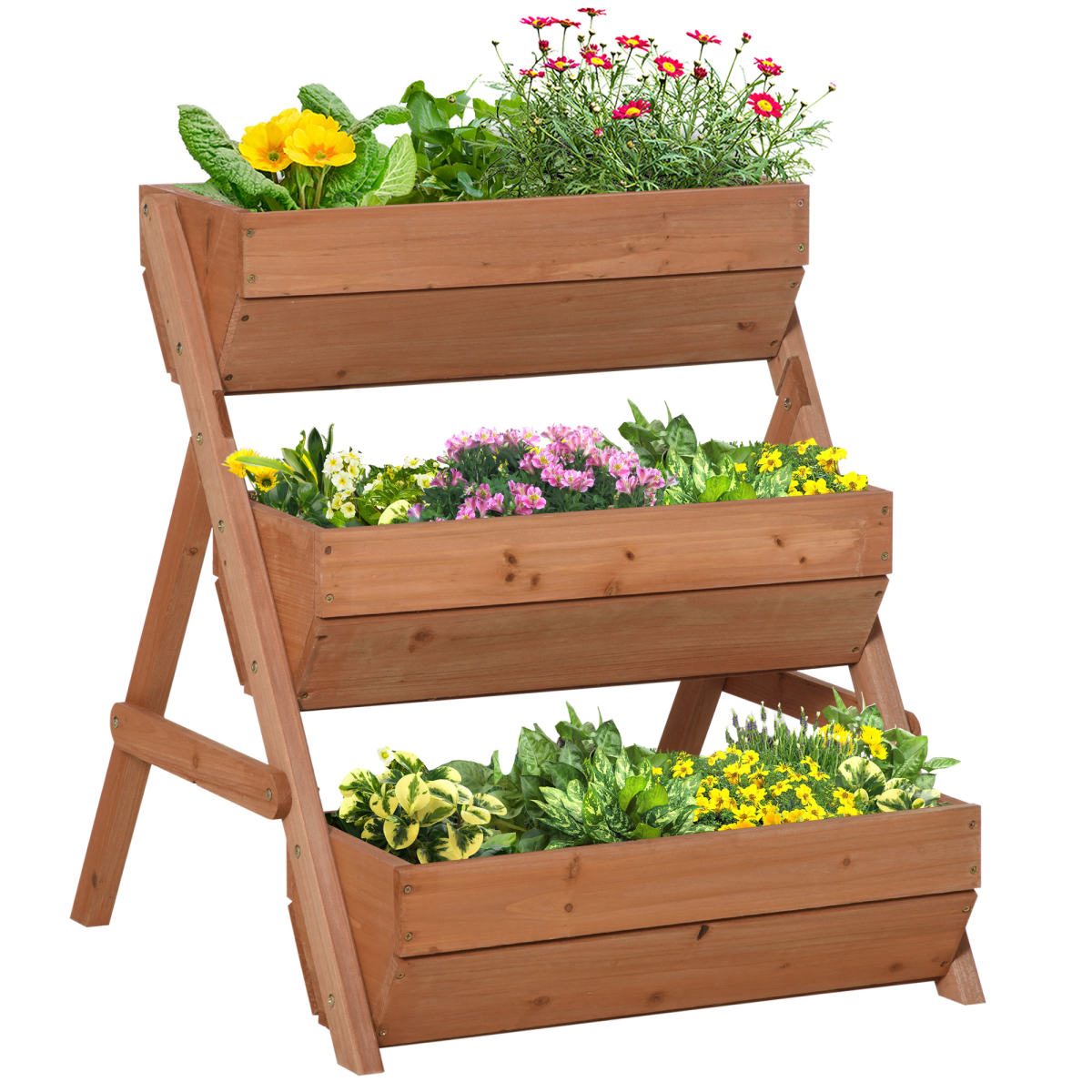 3-Tier Wooden Raised Garden Bed Planter Box — Elevated Herb & Vegetable Planter, Fir Wood with Drainage Holes, 65×75×76cm, Brown