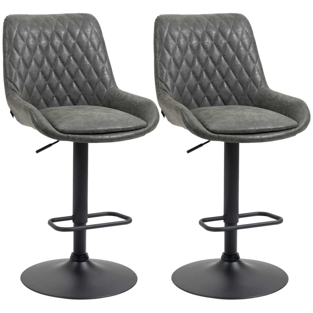 Bar Stools Set of 2 - 360° Swivel, Adjustable Height, PU Leather, Footrest (Grey)